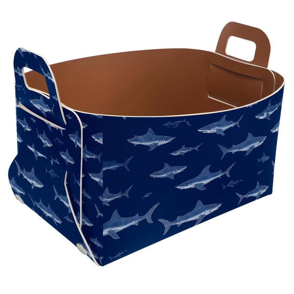 Sharks Dark Blue Storage Basket Collapsible Storage Bin, PU Foldable Basket Convenient Box Storage Organizer with Handles for Shelves Office Bedroom Closet Nursery Toys Laundry