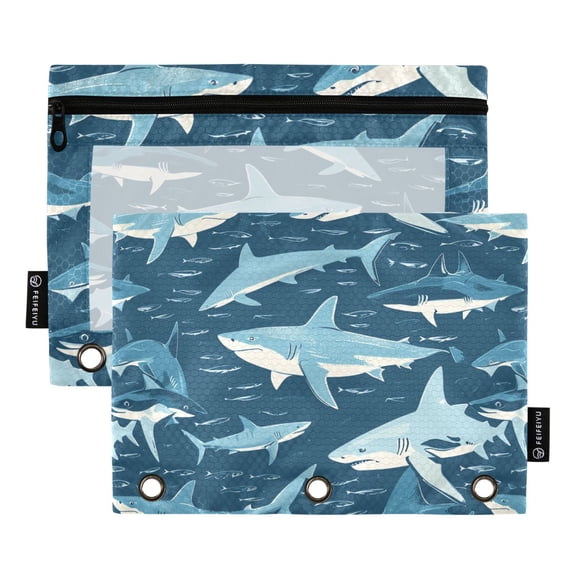 Sharks Fish in Sea 2 Pack Pencil Pouch for 3 Ring Binder Smooth Zipper Folders with Pockets Clear Window Pencil Case