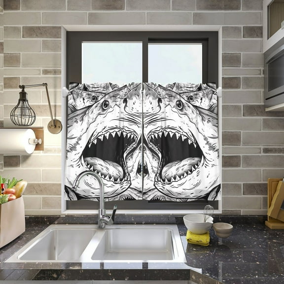 Sharks Gray Kitchen Curtains Half Tier Curtain 2 Rod Pockets Bathroom Bedroom Cupborad Living Room 27"x24"
