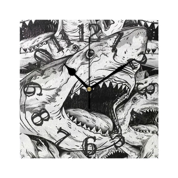 Sharks Grey Wall Clock Square Silent Non Ticking Battery Operated Clock for Home Bathroom Kitchen Bedroom Living Room