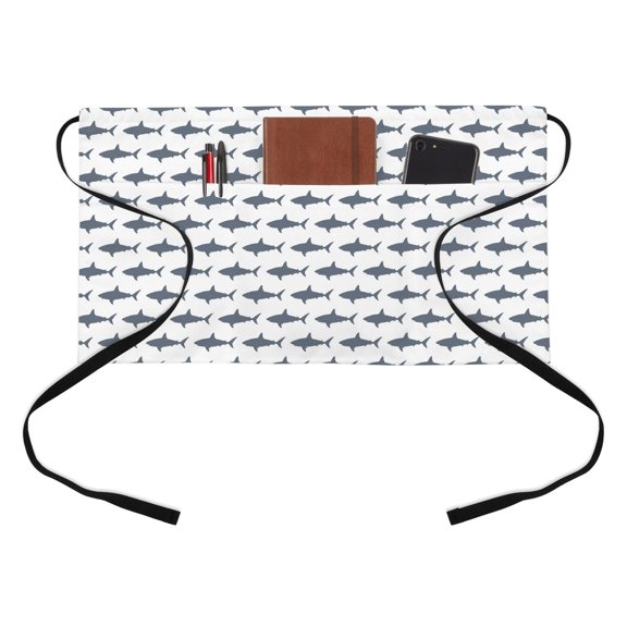 Sharks Half Waist Apron Cartoon Animals Texture Modern Style Short Waiter Aprons with 3 Pockets for Women Men Kitchen Restaurant Cooking