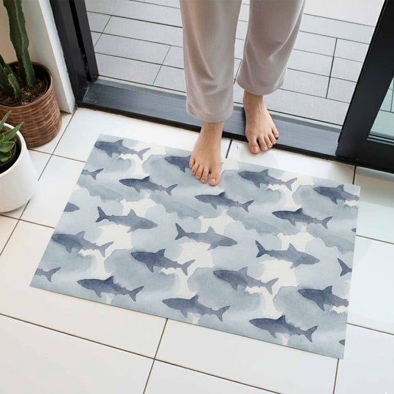 Sharks Indoor Door Mat 16x24 Inch Watercolor Gradient Grey Blue Shark Beige Blue Texture Front Door Mat Non Slip Washable Entryway Rug Low Profile Dirt Trapper Doormat for Bathroom Kitchen Bedroom