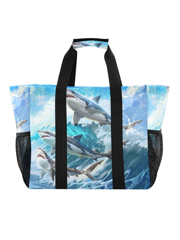Sharks Jumped over Waves Reusable Grocery Bags with Handle Side Pocket Waterproof Shopping Portable Tote