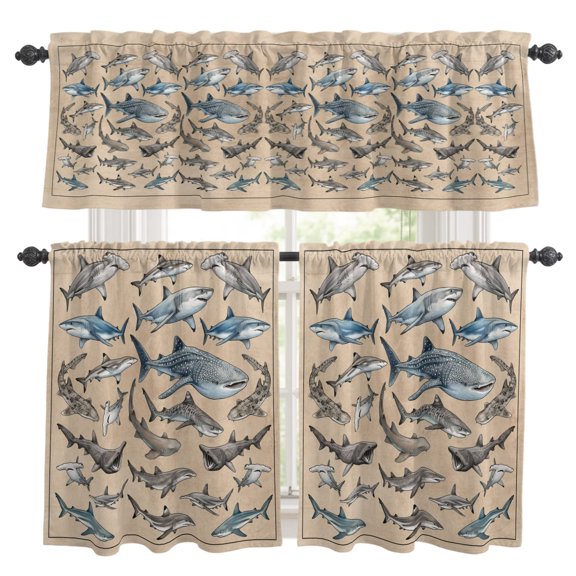 Sharks Kitchen Curtains Set for Windows, Retro Ocean White Blue Brown Sharks Linen Texture Curtains Valance and Tier 3 Piece Set Small Drapes 24 Inch Length for Kitchen Bedroom Decor