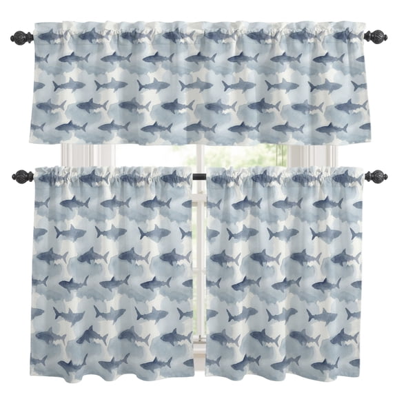 Sharks Kitchen Curtains Set for Windows, Watercolor Gradient Grey Blue Shark Beige Blue Texture Curtains Valance and Tier 3 Piece Set Small Drapes 24 Inch Length for Kitchen Bedroom Decor