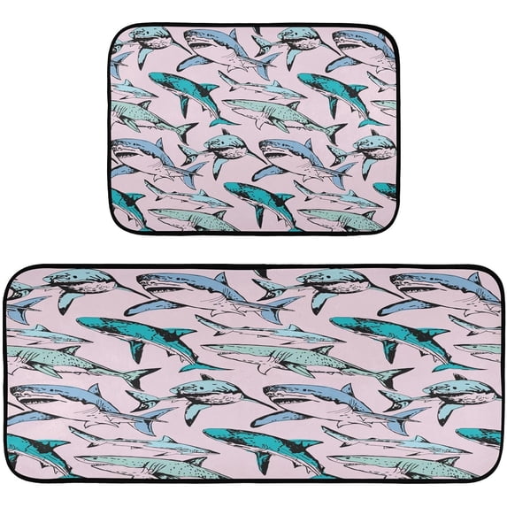 Sharks Kitchen Floor Mats Set of 2, Non-Slip Washable, Absorbent, Soft and Comfortable Kitchen Rugs, 19.7 "x27.6+19.7 "x47.2 Home Decor