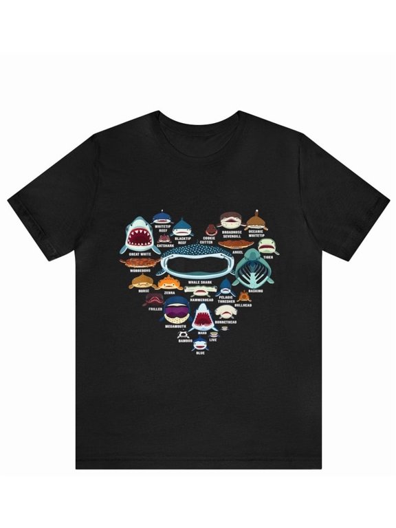 Sharks Love Shirt, Heart Shark Faces, Type of Shark Predators, Shark Ocean, Sharkaholic, Sea Fishing Party, Beach Gift T-shirt, Sharks Tee