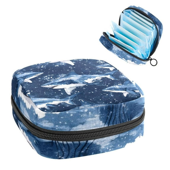 Sharks Navy Blue Pattern Sanitary Napkin Storage Bag, Zipper Menstrual Cup Pouch Feminine Menstruation First Period Pads Holder for Girls Women Ladies