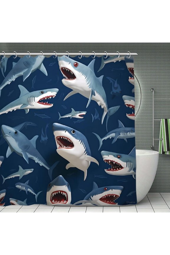 Sharks Ocean Pattern Print Shower Curtain,Modern Fabric Waterproof Shower Curtain Set with Hooks,70.8×70.8Inch
