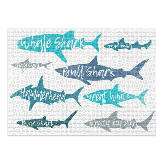 Sharks, Pattern, Shark Names (1000 Piece Puzzle, Size 19x27, Challenging Jigsaw Puzzle for Adults and Family, Made in USA)