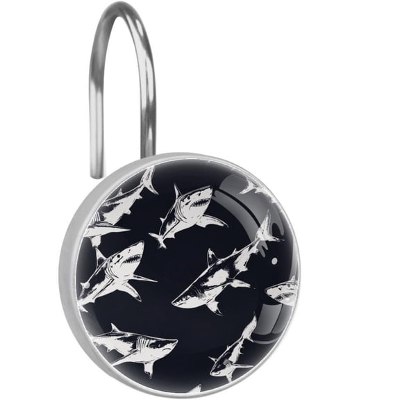 Sharks Pattern Shower Curtain Hooks Round Crystal Glass, Set of 12 Shower Curtain Rings - Shower Hooks for Curtain Shower Rings