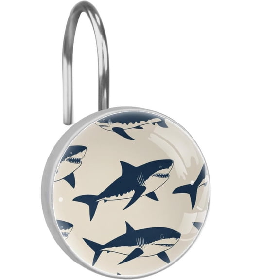 Sharks Pattern Shower Curtain Hooks Round Crystal Glass, Set of 12 Shower Curtain Rings - Shower Hooks for Curtain Shower Rings