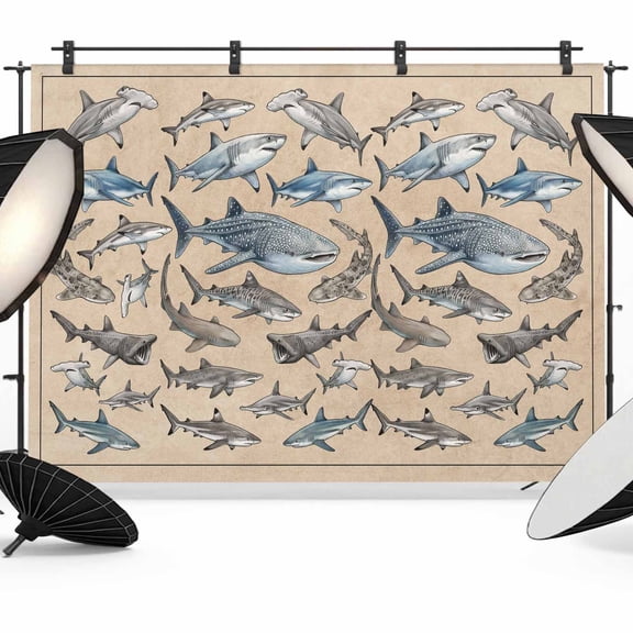 Sharks Photography Backdrop 7x5FT, Retro Ocean White Blue Brown Sharks Linen Texture Photo Backdrops, Background for Photography Studio Photo Studio Background, Back Drop for Photoshoot