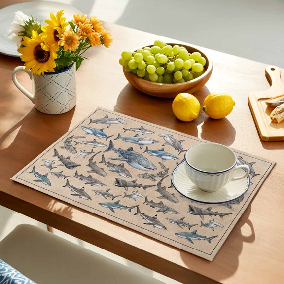 Sharks Placemats Set of 1, Retro Ocean White Blue Brown Sharks Linen Texture Non-Slip Place Mats Washable Table Mats for Kitchen Dining Table Decorations Indoor/Outdoor