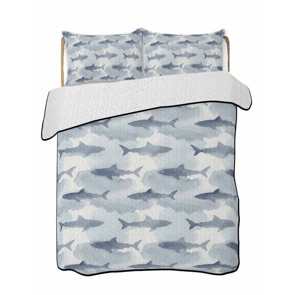 Sharks Quilts Bedding Set California King Watercolor Gradient Grey Blue Shark Beige Blue Texture Lightweight Quilted Bedspread 3 Piece Bed Quilt with 2 Pillow Shams All Season for Bedroom 96" x 106"