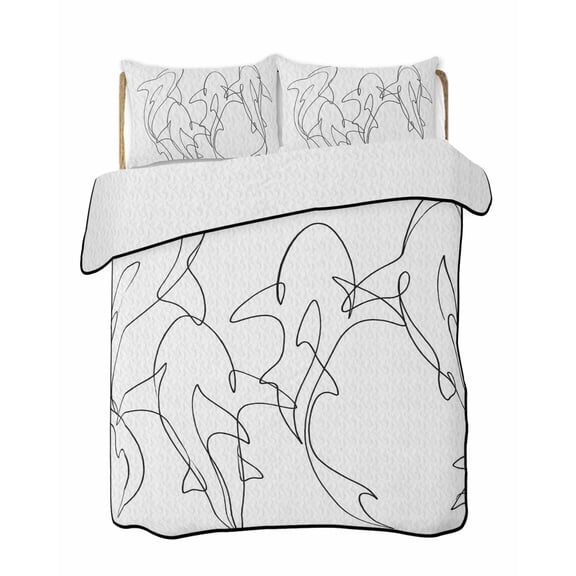 Sharks Quilts Bedding Set Twin Size Abstract Geometric White Lines Sharks Lightweight Quilted Bedspread 3 Piece Bed Quilt with 2 Pillow Shams All Season for Bedroom 68" x 86"