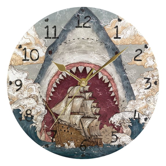 Sharks Roaring Wave Sailboat Round Wall Clock Silent Analog Battery Operated Gold Pointer Home Decor 9.84" Diameter