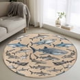 thumbnail image 1 of Sharks Round Living Room Rugs 3.3 ft, Retro Ocean White Blue Brown Sharks Linen Texture Washable Area Rug with Non-Slip Sturdy Edge Binding Round Front Door Mat Floor Carpet for Entryway, 1 of 9