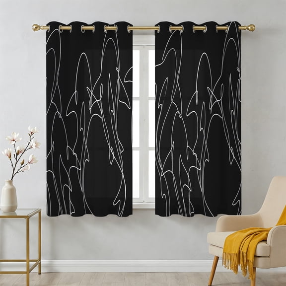 Sharks Sheer Curtains 45 Inch Long 2 Panels, Abstract White Lines Sharks Black Background Light Filtering Semi Sheer Drapes Grommet Voile Window Curtain for Living Bedroom W52 x L45
