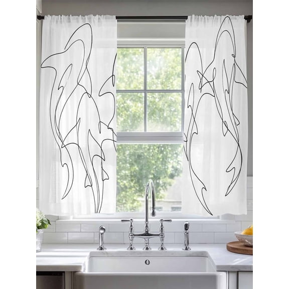 Sharks Sheer Curtains 63 inches Long, Abstract Geometric White Lines Sharks Light Filtering Sheer Window Curtains Rod Pocket Voile Drapes for Bedroom Living Room, 2 Panels