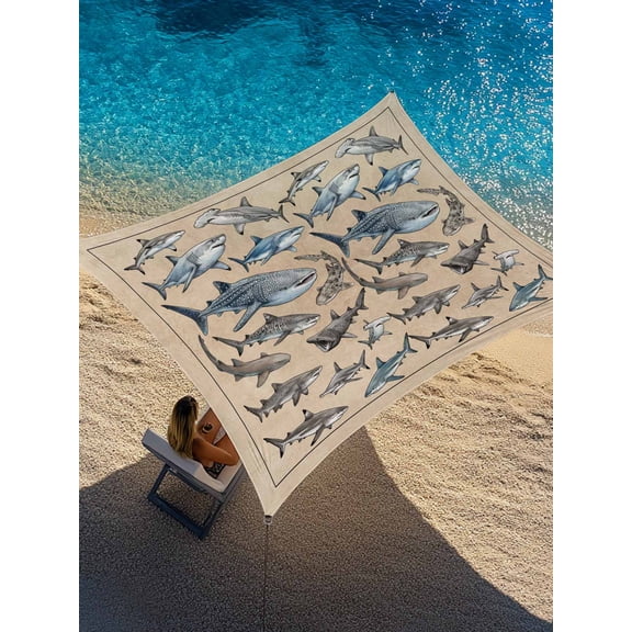 Sharks Sun Shade Sail 6.5' x 10', Retro Ocean White Blue Brown Sharks Linen Texture Rectangle Outdoor Sunshade Canopy, Waterproof UV Block Patio Covers for Garden Yard Beach