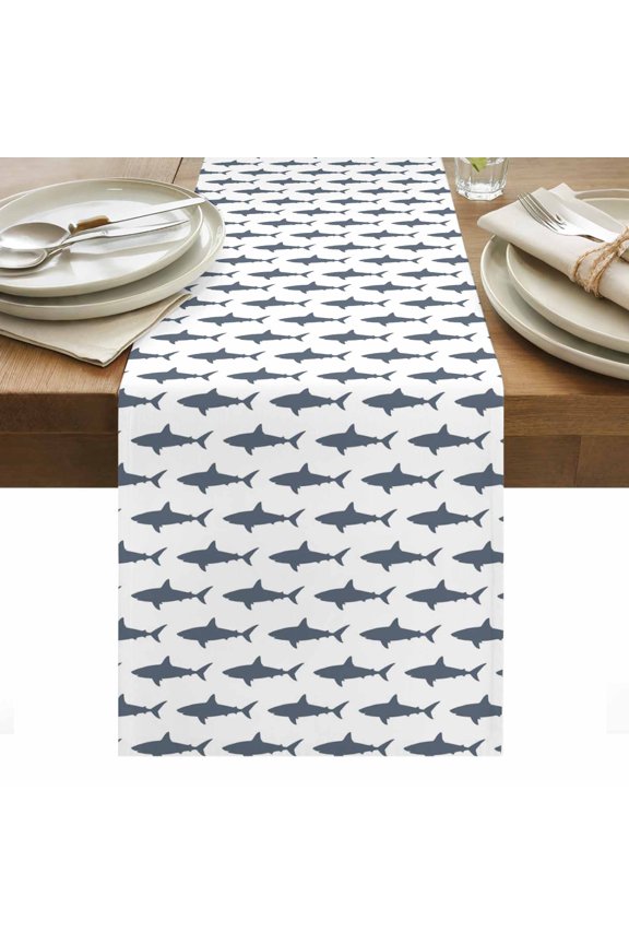 Sharks Table Runner 16 x 72 Inch, Cartoon Animals Texture Modern Style Washable Cotton Linen Dining Table Runner Tabletop Decorations for Restaurant Home Kitchen Party