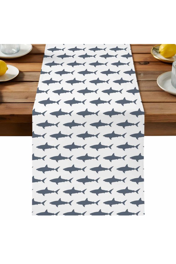 Sharks Table Runner, Cartoon Animals Texture Modern Style Cotton Linen Table Cloth, Tablerunner for Kitchen Dining Party Wedding Home Decor 13x70 Inch