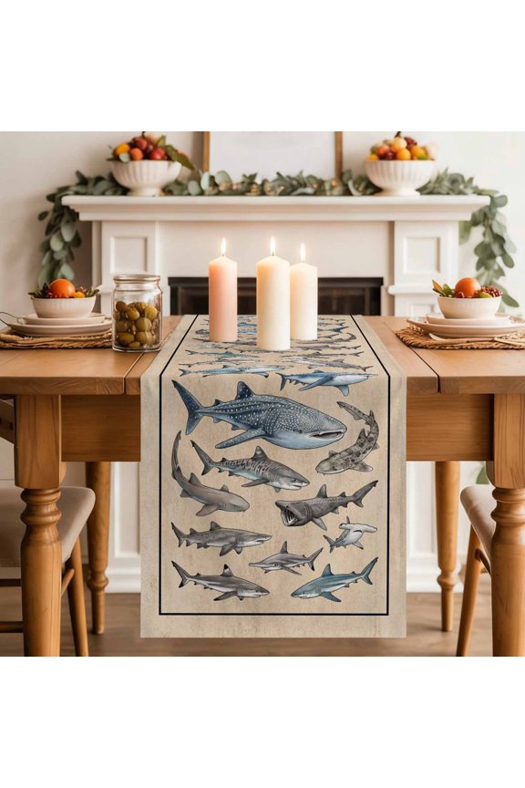 Sharks Table Runner, Retro Ocean White Blue Brown Sharks Linen Texture Cotton Linen Kitchen Table Decoration Washable Dining Tabletop Runners for Home Party Decor 13x72 Inches