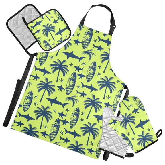 Sharks Tree Silhouette 5 Pcs Kitchen Set Heat Resistant Oven Mitts and Non-Slip Pot Holders with Adjustable Cooking Apron