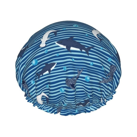Sharks on White Blue Striped Shower Cap, Double Layers Shower Cap Rreusable Waterproof, Elastic Bathing Hair Hat for Women, Washable Hair Cap for All Hair Lengths