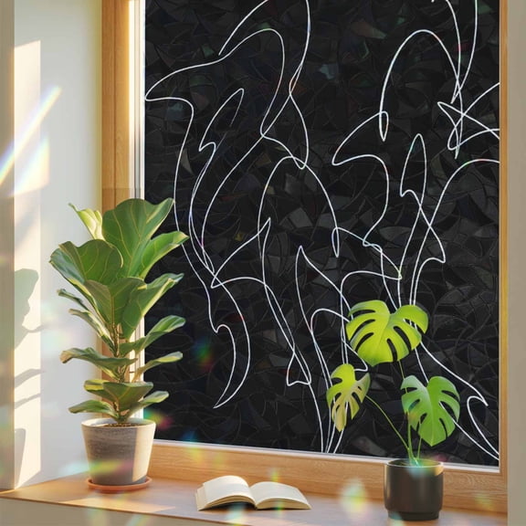 Sharks Window Privacy Film, Abstract White Lines Sharks Black Background Stained Glass Rainbow Film Decorative Window Clings, Static Cling Sun Blocking Stickers 23.6" x 59"