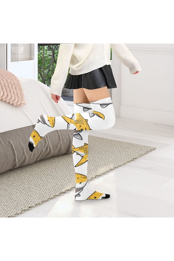 Sharks Yellow Womens Thigh High Stocks Over Knee High Socks Thigh Tigh Boot Stockings