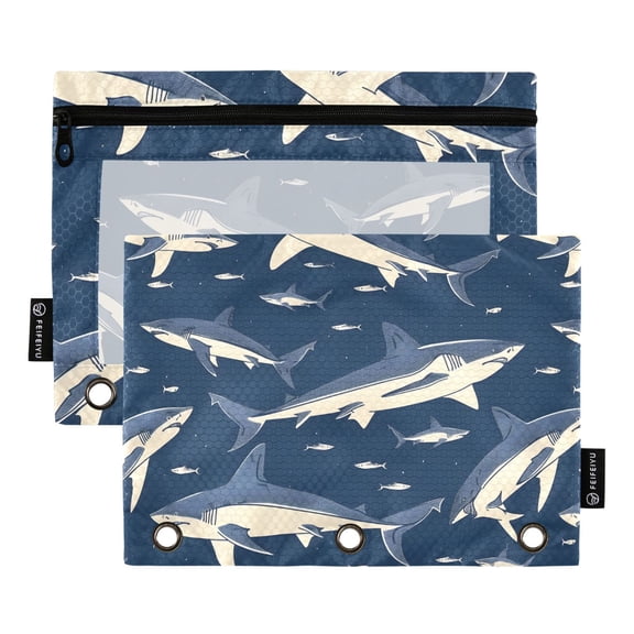 Sharks and Fish Swimming 2 Pack Pencil Pouch for 3 Ring Binder Smooth Zipper Folders with Pockets Clear Window Pencil Case
