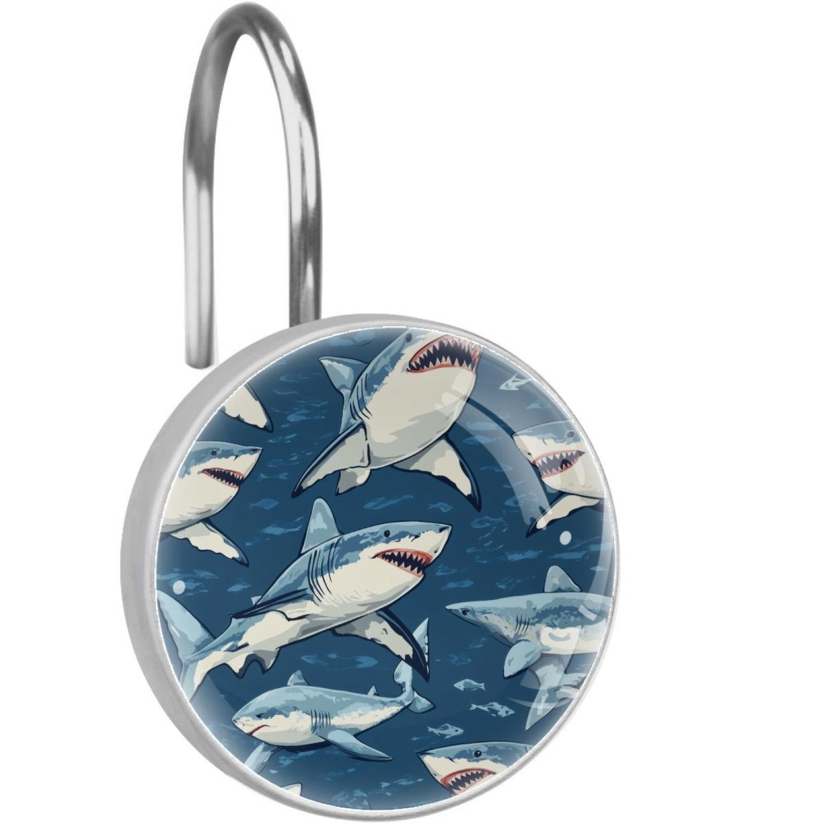 Sharks and Fishes Shower Curtain Hooks Round Crystal Glass, Set of 12 Shower Curtain Rings - Shower Hooks for Curtain Shower Rings