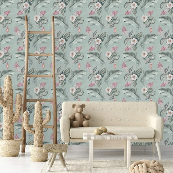 Sharks and Flowers Wallpaper Peel-and-Stick - 25"W x 125"H