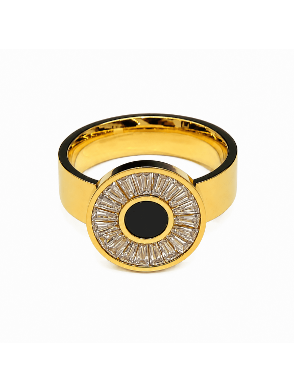 Stainless Steel Statement Ring for Women, Gold Tone Wide Band Ring with Round Decorative Face and Radiant Accent Detailing