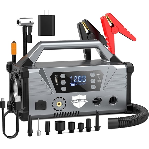 Sharmeal 9000A Jump Starter with 200PSI Air Compressor, Portable 12V Car Battery Booster (All Gas/12.0L Diesel) Jump Pack with Jumper Cables and LED Light