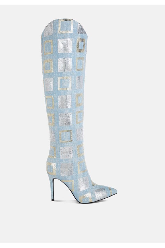 Sharmin Checkered Sequin Knee High Boots