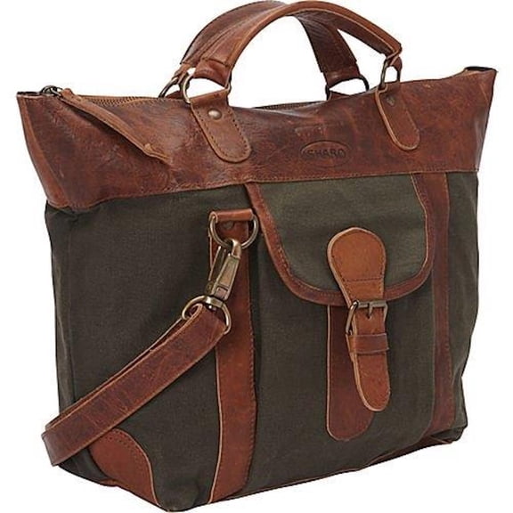 SHARO Women's Leather Satchel Handbag with Adjustable Leather Shoulder Strap, Khaki Canvas / Brown Leather