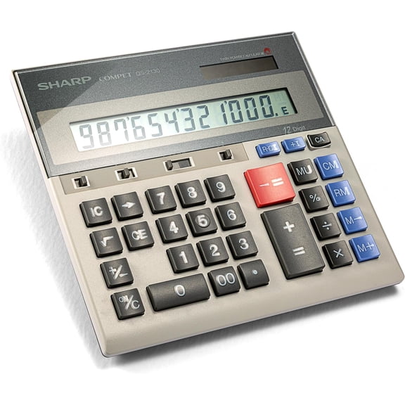 Sharp 12-Digit Commercial Desktop Calculator, Memory and Markup Keys, Extra Wide Keyboard & Kickstand, Dual Power, Gray (QS-2130)