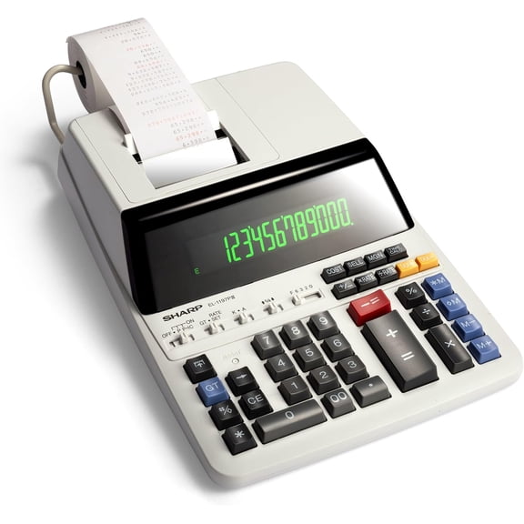 Sharp 12-Digit Heavy Duty Color Printing Calculator with Clock & Calendar, Fast 4.5 LPS Two-Color Printing, 12.9 x 8.7-Inches, White (EL-1197PIII)