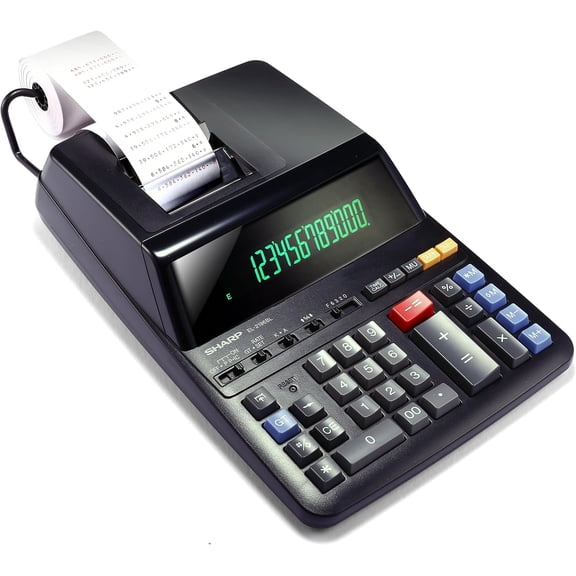 Sharp 12-Digit Two-Color Print Calculator, Bright Display with Weighted Base for Stable Printing, Desktop Adding Machine, Black (EL2196BL)