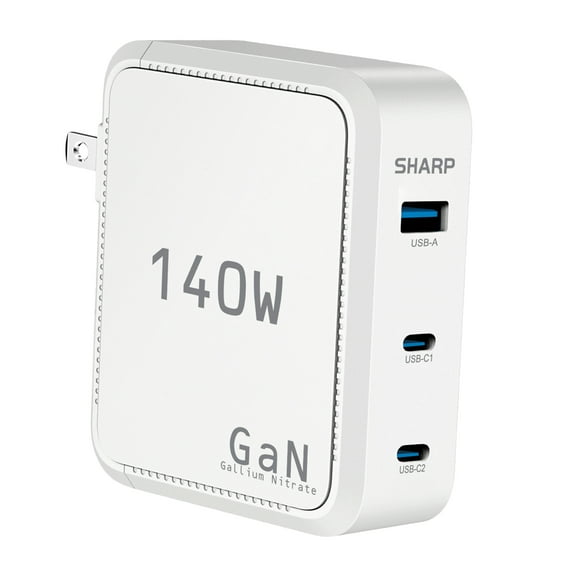 Sharp 140W USB C Charger, Compact Foldable GaN Fast Charge 3-Port (2 USB-C, 1 USB-A), Compact Foldable Wall Charger for MacBook Pro/Air, iPad Pro, iPhone 15/Pro, Galaxy S22/S21, Dell XPS, White