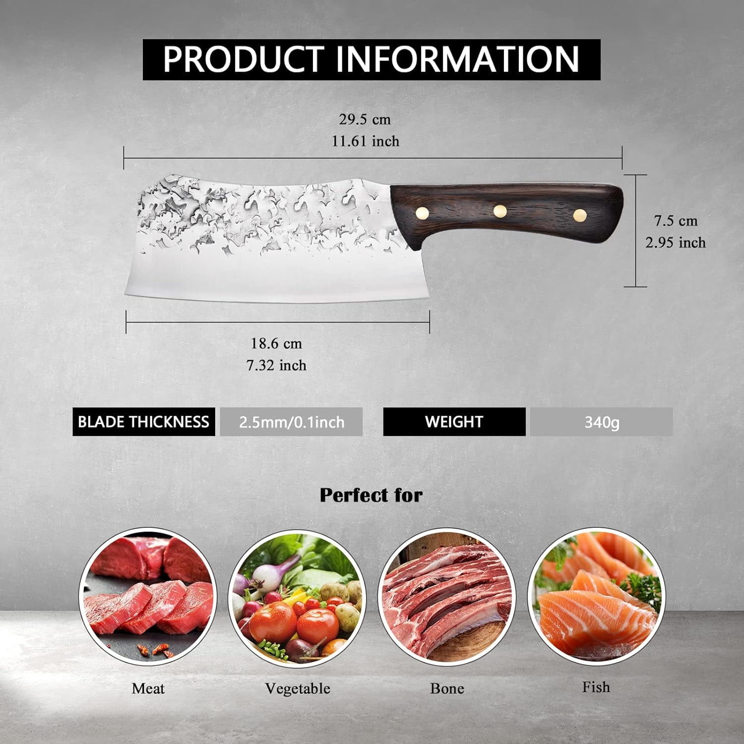 Sharp 7" Meat Cleaver Knife Hand Butcher Knife, Kegani Full Tang