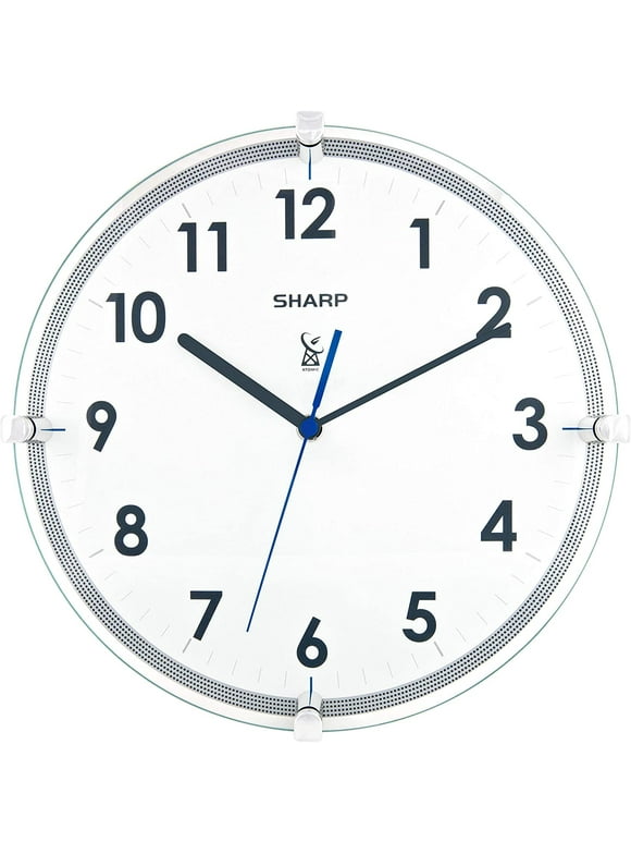 Sharp Atomic Analog Wall Clock – 10.5” Suspended Glass Face - Sets & Updates Automatically