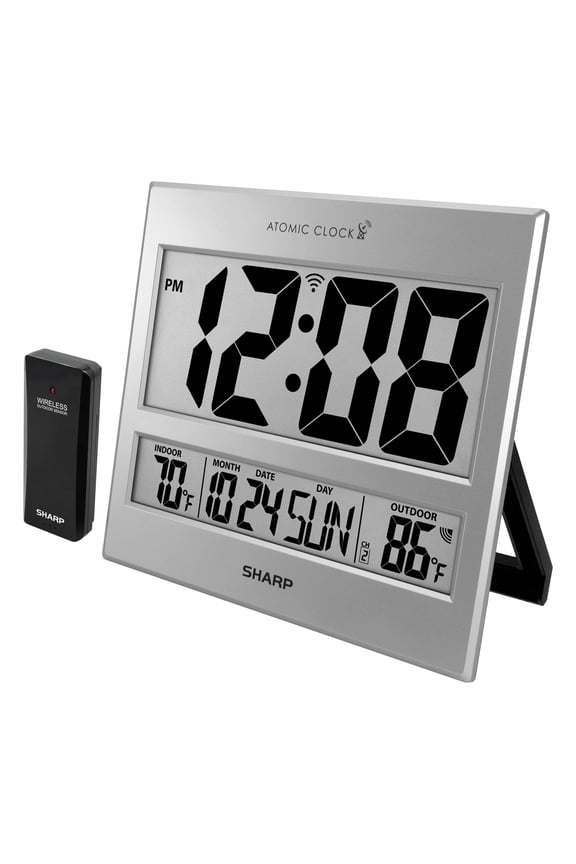 Atomic Clock - Jumbo 3" Easy to Read Numbers - Never Needs Setting! - Indoor/ Outdoor Temperature Display with Wireless Outdoor Sensor - Silver