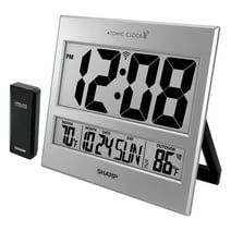 Sharp Atomic Clock - Jumbo 3" Easy to Read Numbers - Never Needs Setting!  - Indoor/ Outdoor Temperature Display with Wireless Outdoor Sensor - Silver