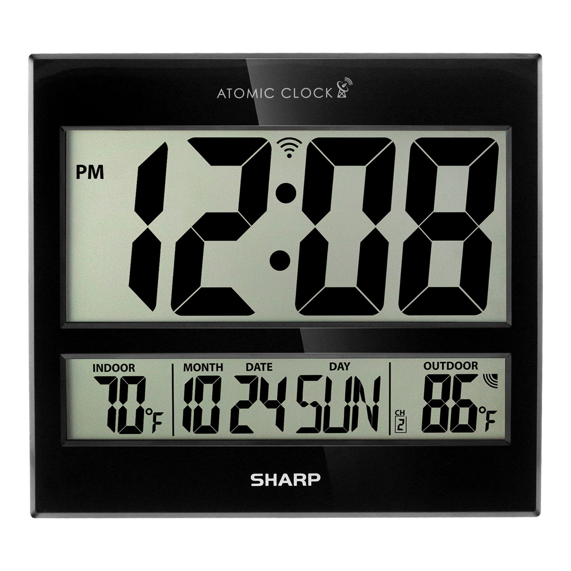 Sharp Black Atomic Wall Clock with Indoor/Outdoor Temperature Display