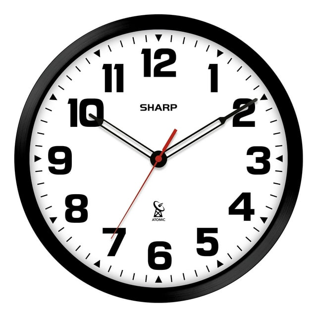 "Sharp 12"" Atomic Wall Clock, Battery Operated, Matte Black Modern
