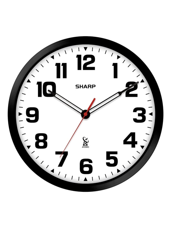 Atomic Analog Wall Clock - 12" Black Stylish Frame - Sets Automatically- Battery Operated - Easy to Read - Easy to Use Modern Design and Style